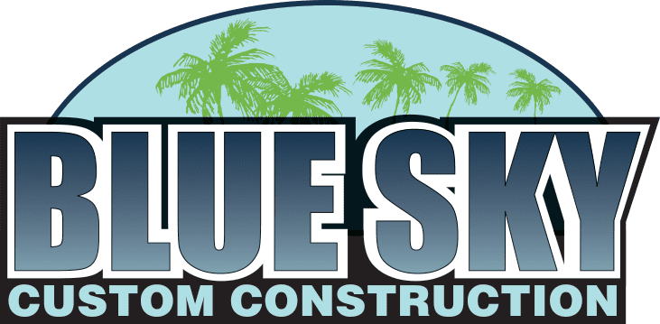 Blue Sky Logo Logo of blue sky custom construction featuring palm trees and a stylized blue sky.
